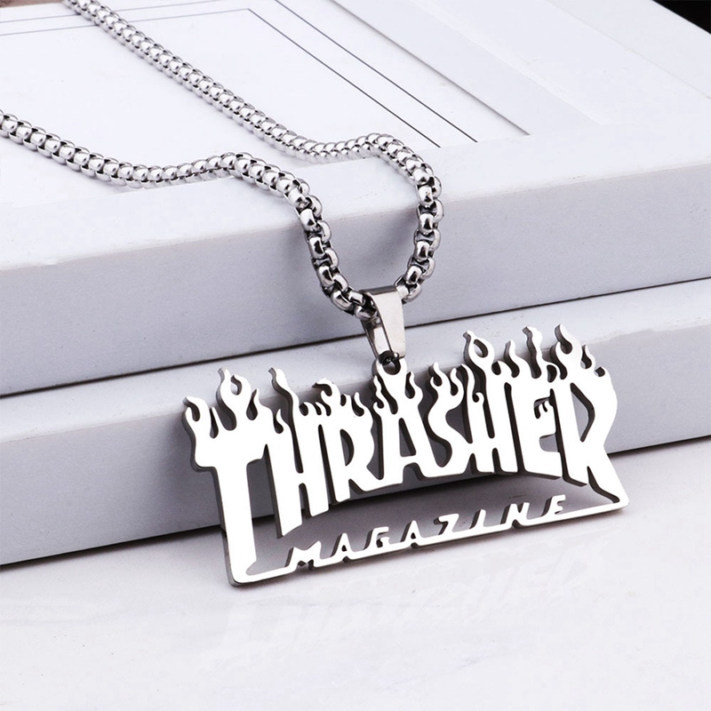 Dây chuyền mặt kim loại khắc chữ Thrasher thời trang hiphop