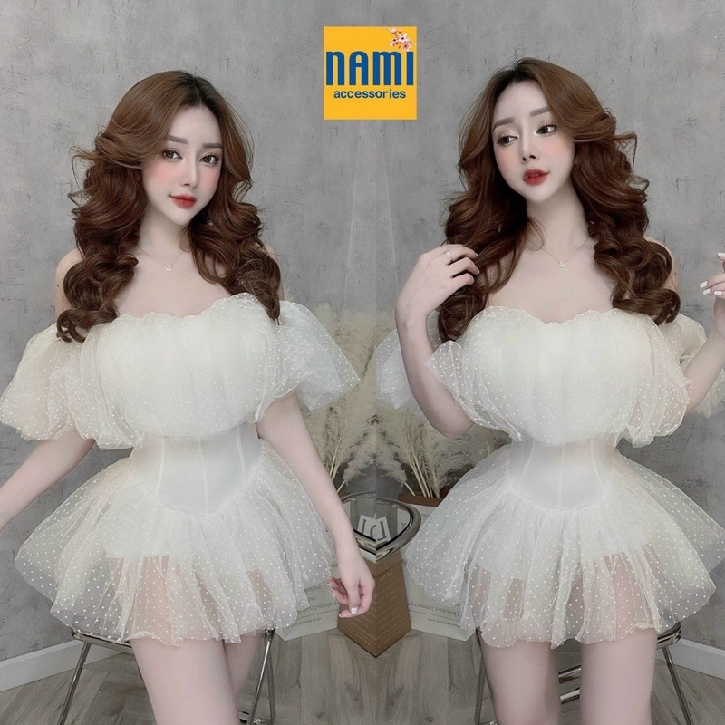 Jumpsuit ngắn chấm bi hở/bẹt/trễ/rớt vai trắng kem đen, jump hot girl sexy quyến rũ gợi cảm đi chơi dự tiệc sang trọng