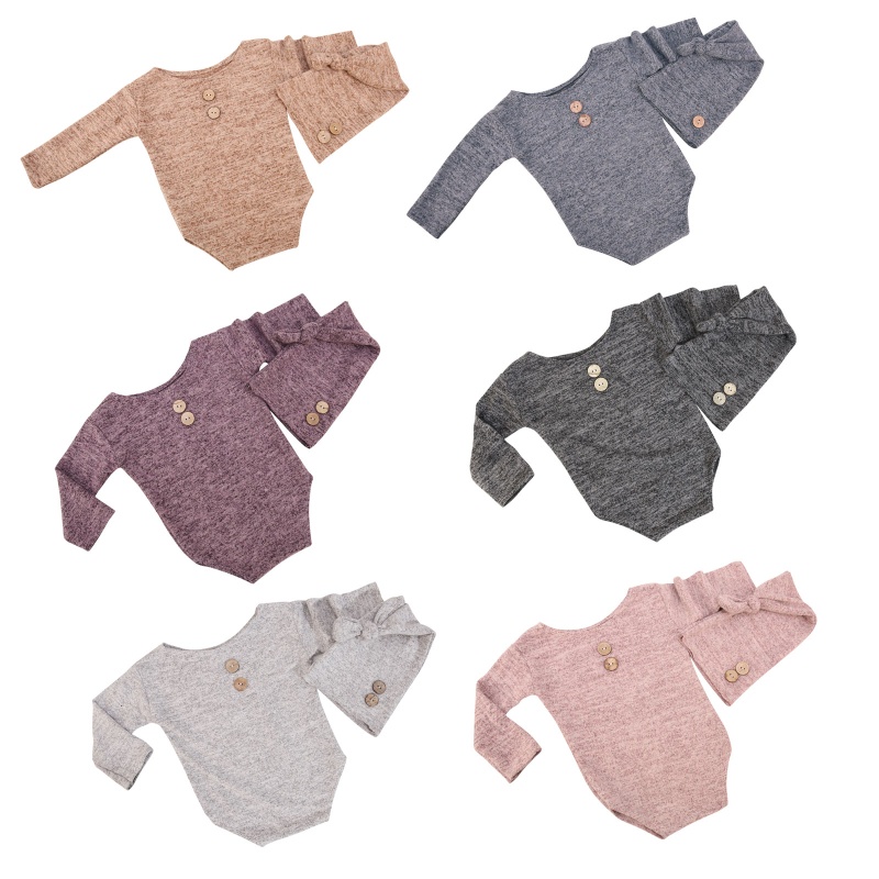 Bộ Áo Liền Quần Tay Dài Đính Nút + Mũ Đuôi Dài Màu Trơn Làm Phụ Kiện Chụp Ảnh Cho Bé Sơ Sinh