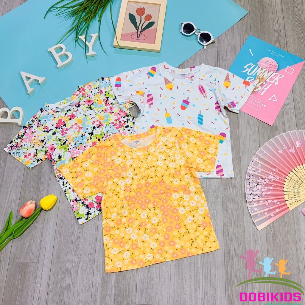 Áo bé gái thun cotton xuất dư vải siêu mềm mịn co giãn hoạ tiết xinh xắn 10-27kg
