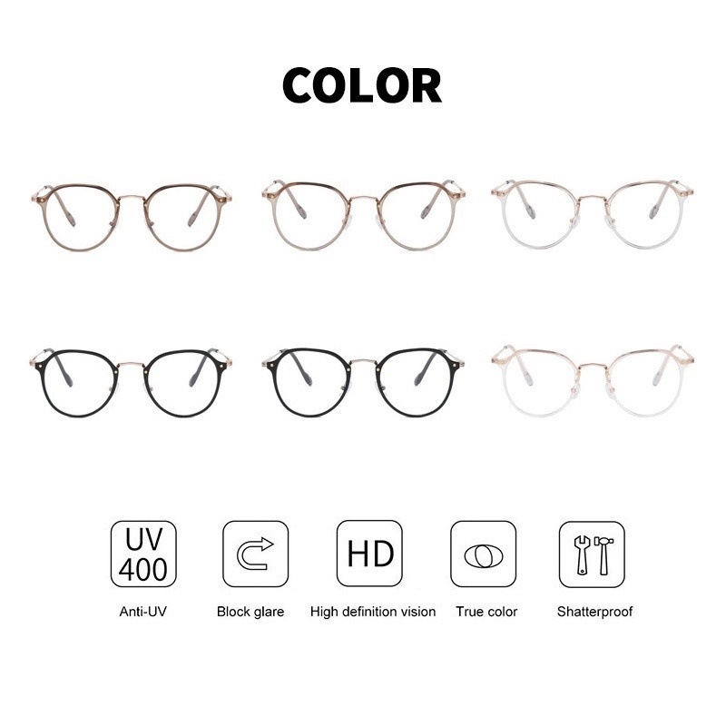 (KIQI-FASHION) COD Mắt Kính Gọng Tròn Bằng Kim Loại Chống Ánh Sáng Xanh Chống Bức Xạ Thời Trang Chất Lượng Cao Cho Nữ