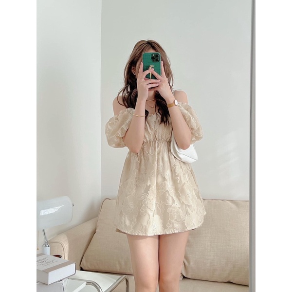 Áo trễ vai hoa nổi chun eo tay bồng tiểu thư xinh xắn, Áo kiểu nữ bánh bèo vai bồng ulzzang