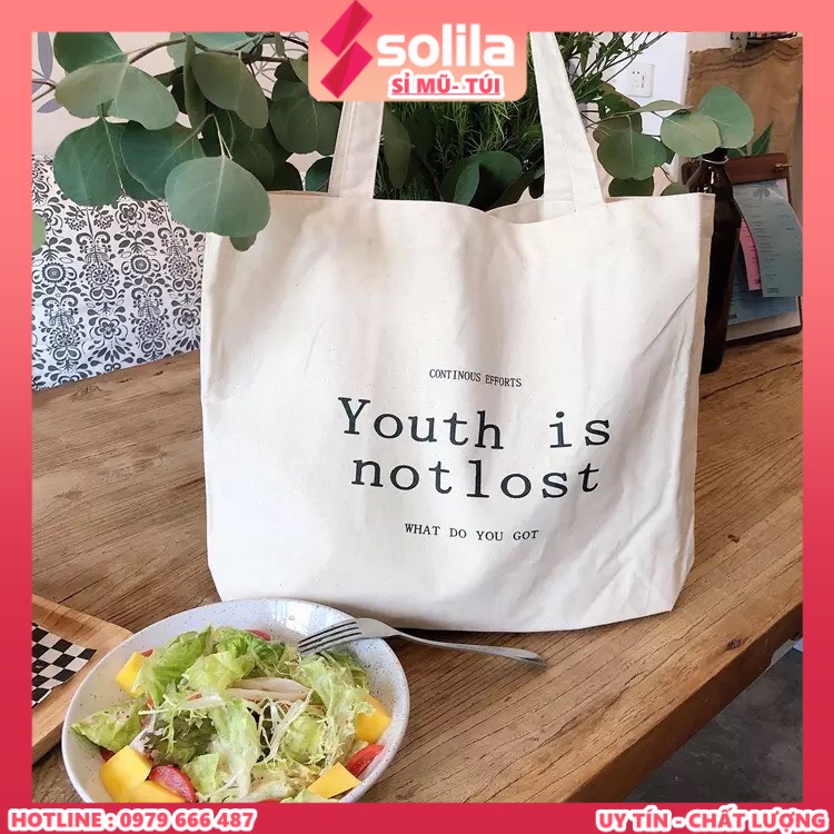 Túi vải canvas cao cấp đeo vai Youth Is Not Lost khổ vuông cá tính