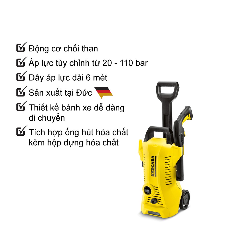 (Sản xuất Đức) Máy xịt rửa xe Karcher K2 Premium Full Control động cơ chổi than công suất 1400w áp lực 20-110 bar