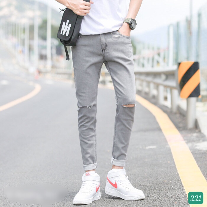 Quần Jeans Nam Chất Bò Rin Cao Cấp Xám Xanh Rách Gối Co Giãn Ống Côn Dáng Ôm Basic T5