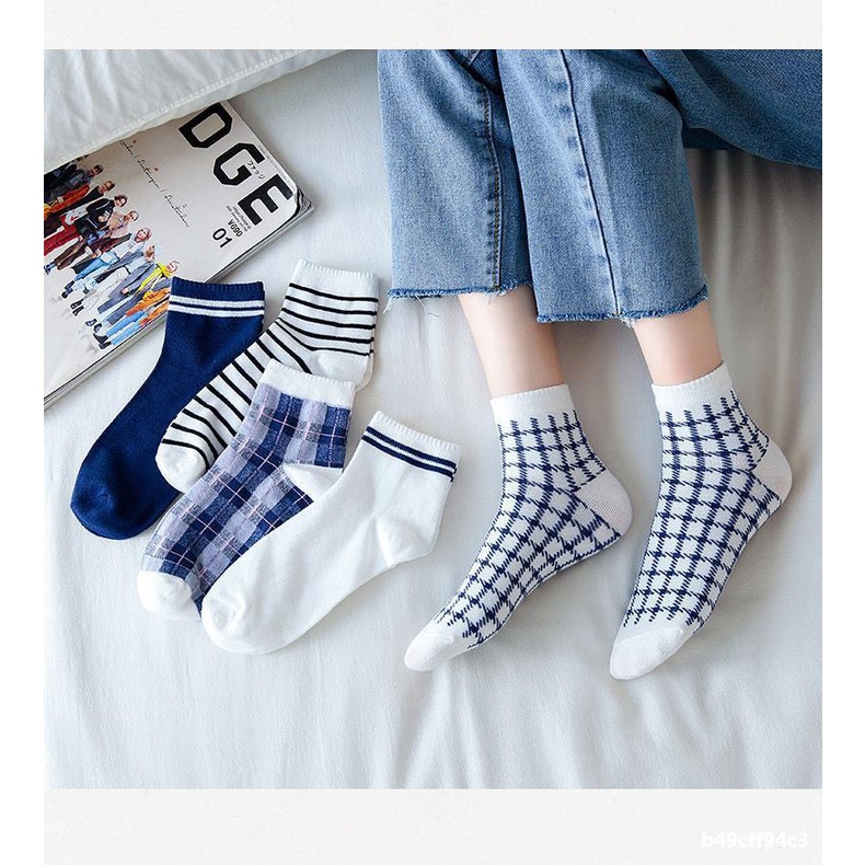 Set 5 đôi tất cổ cao Bivota vớ nam nữ họa tiết kẻ caro siêu xinh T04