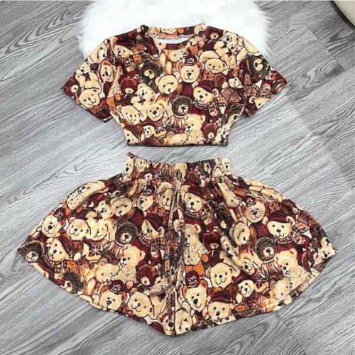 Đồ bộ nữ, set đồ bộ quần đùi váy và áo croptop cọc tay in 3d thun cotton vải xịn co giản, đồ kiểu, bộ thun cotton