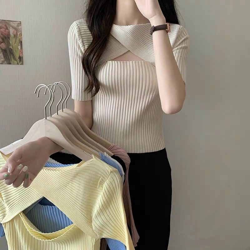 Áo len tăm khoét ngực dáng ôm, Áo len mỏng kiểu khoét lưng sexxy AL7374 - NhiNhi Shop