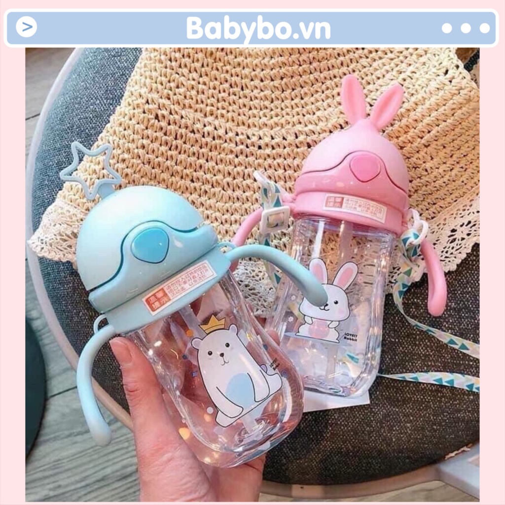Bình uống nước có tay cầm kèm dây đeo dung tích 250ml hình chú thỏ đáng yêu cho bé mang đi học