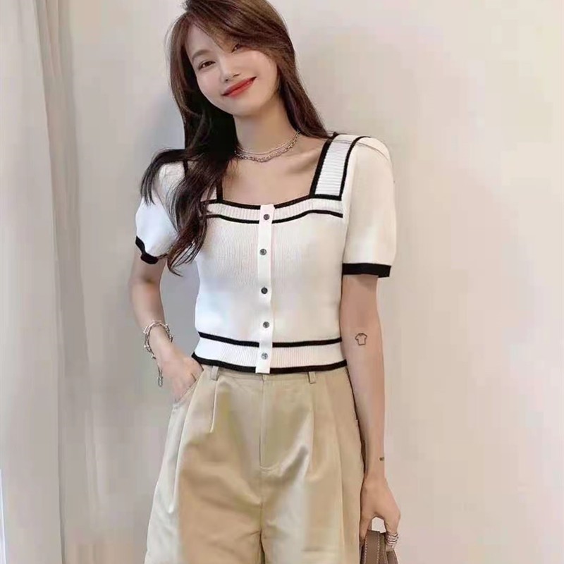 Áo croptop dệt kim SUXI tay ngắn cổ vuông phong cách Hàn Quốc