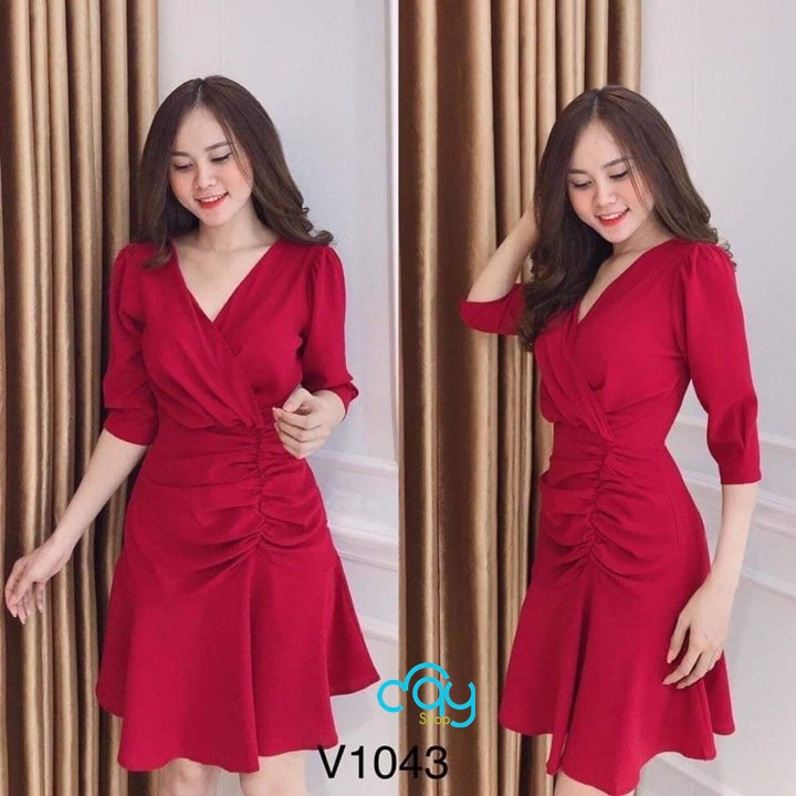 ĐẦM ĐỎ NHÚN CỔ V ĐỦ SIZE S,M,L,XL,XXL - V1043