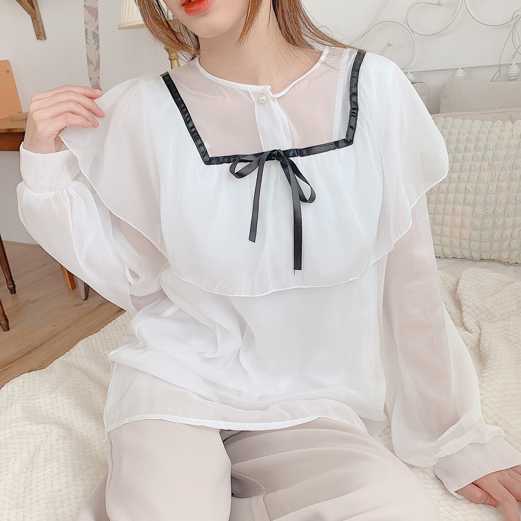 [ẢNH THẬT] - Áo sơ mi cổ nơ voan tơ ulzzang - SM05 - jannahouse