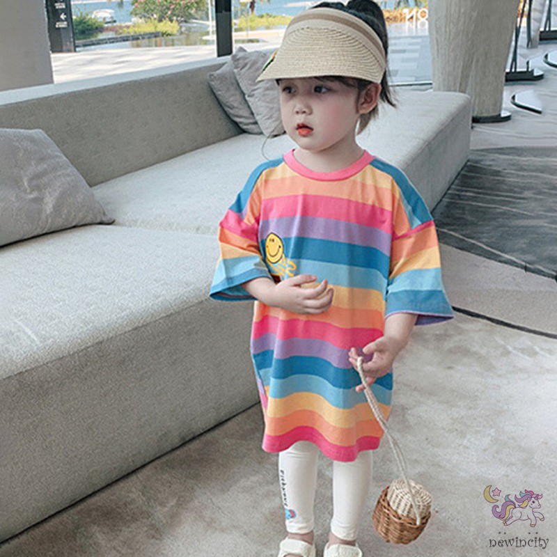 Đầm dáng suông họa tiết sọc cầu vồng thời trang xinh xắn năng động cho bé gái