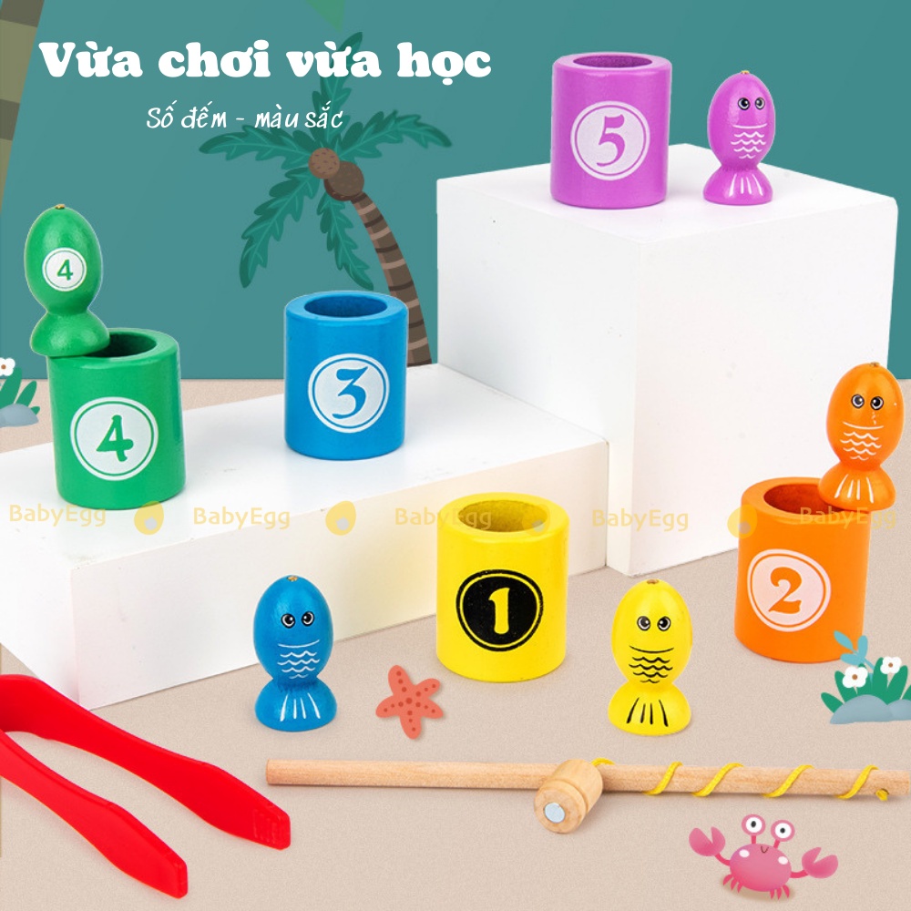 ĐỒ CHƠI GIÁO DỤC Câu cá gỗ montessori cho bé trai bé gái 2 3 4 tuổi trẻ em gắp bi cá rèn luyện kỹ năng khéo léo babyegg