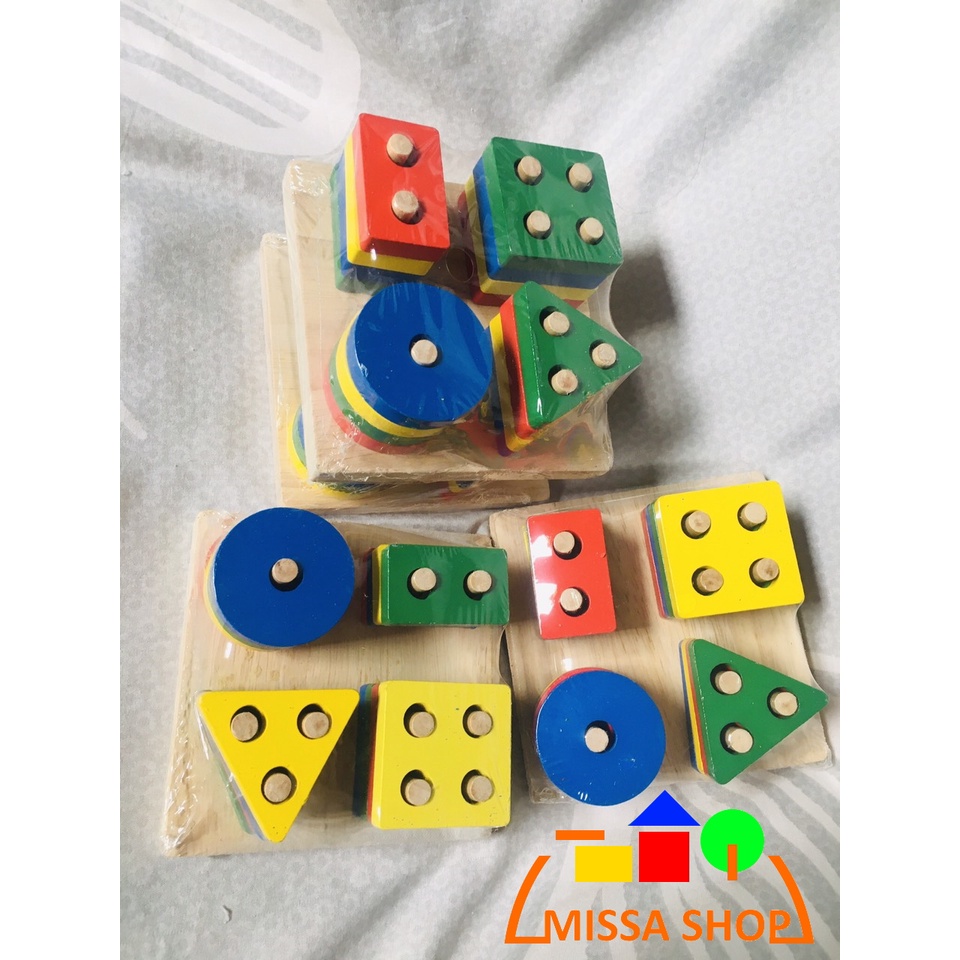 Bộ xếp hình montessori thả khối 4 cọc trụ bằng gỗ