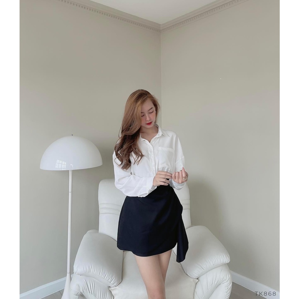 [Ảnh thật] Set áo sơ mi trắng chân váy ngắn cách điệu công sở