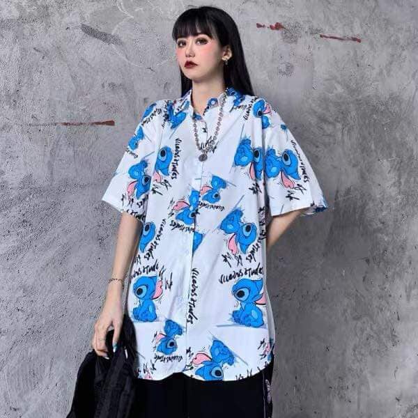 Áo sơ mi lụa tay lửng hình chất cartoon loang màu tie dye form rộng unisex cryaotic10