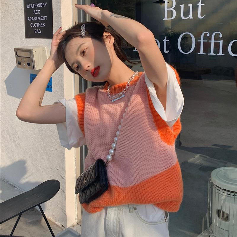 Áo Dệt Kim Sát Nách Phối Màu Tương Phản Trẻ Trung Cho Nữ