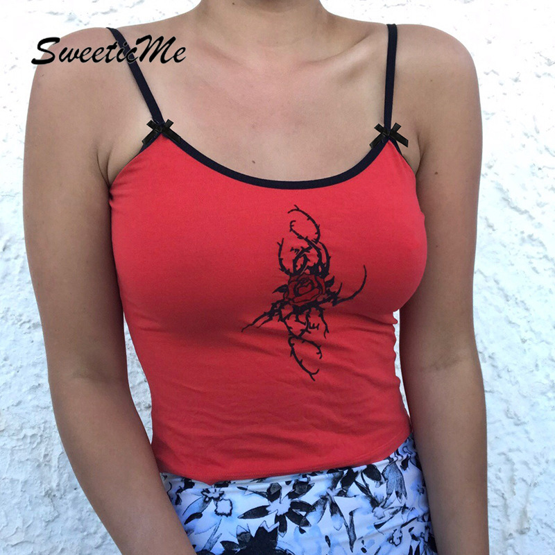 SweeticMe Women's 2021 New Rose Print Contras Bow Sexy Slim Vest | BigBuy360 - bigbuy360.vn