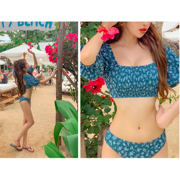 Bikini cổ vuông tay phồng hot trend nhún ngực hàng Quảng Châu - Xanh retro