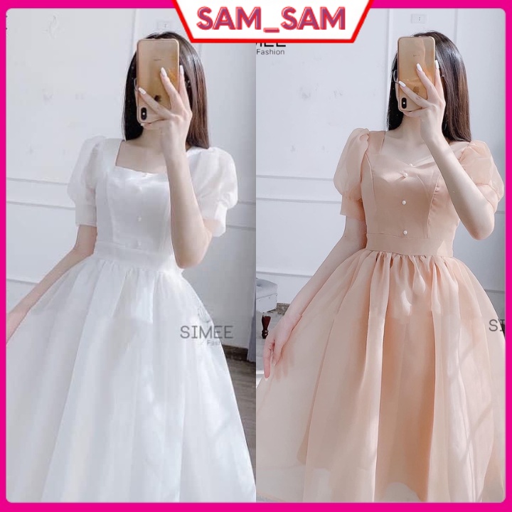 Váy cổ vuông tay bồng - Đầm tiểu thư xòe rộng 2 lớp dày dặn kiểu dáng váy cô dâu cực phẩm