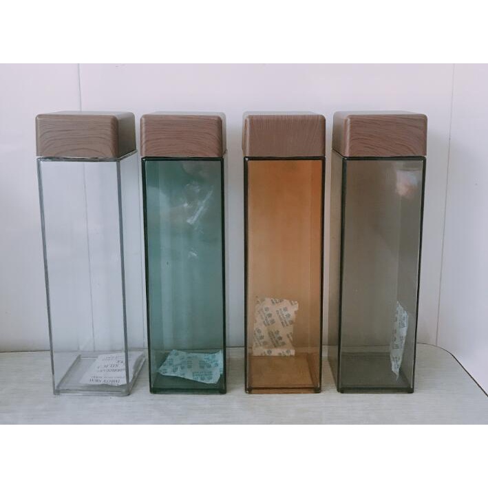 Cốc uống nước thể thao bằng nhựa trong suốt hình vuông 480ml có nắp đậy bằng gỗ phong cách Hàn Quốc