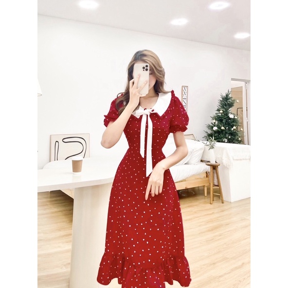 ĐẦM ĐỎ HOA MIDI ĐUÔI CÁ CỔ TRẮNG