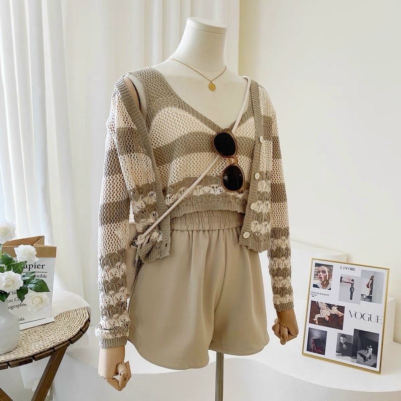 Set Áo Len Cặp Gồm Áo Dây Mix Cùng Cadigan Hoạ Tiết Mới