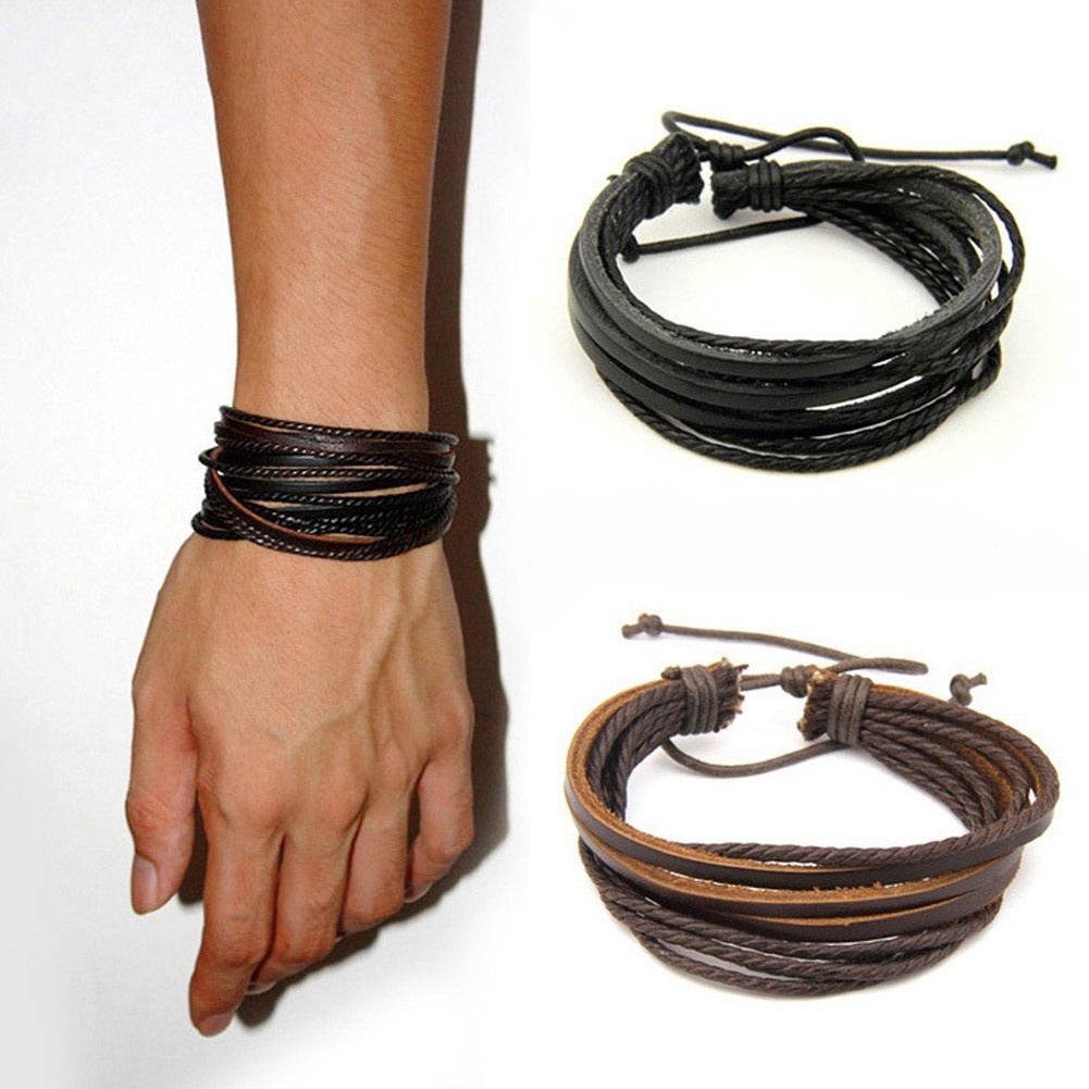 Vòng tay da unisex nhiều lớp cá tính 2 màu nâu và đen