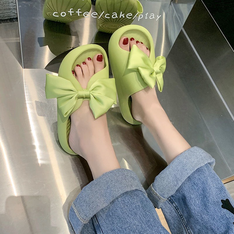 Dép đi nhà, dép quai ngang nữ chất cao su siêu nhẹ đính nơ vải đế bằng chống trơn cực xinh hàng sẵn