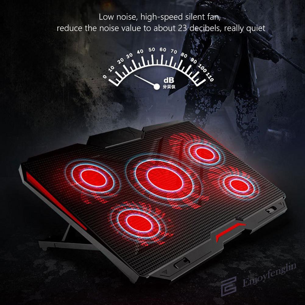 （En） 5 Fans Laptop Cooler Riser 8 Levels Height Adjustable Notebook Cooling Pad