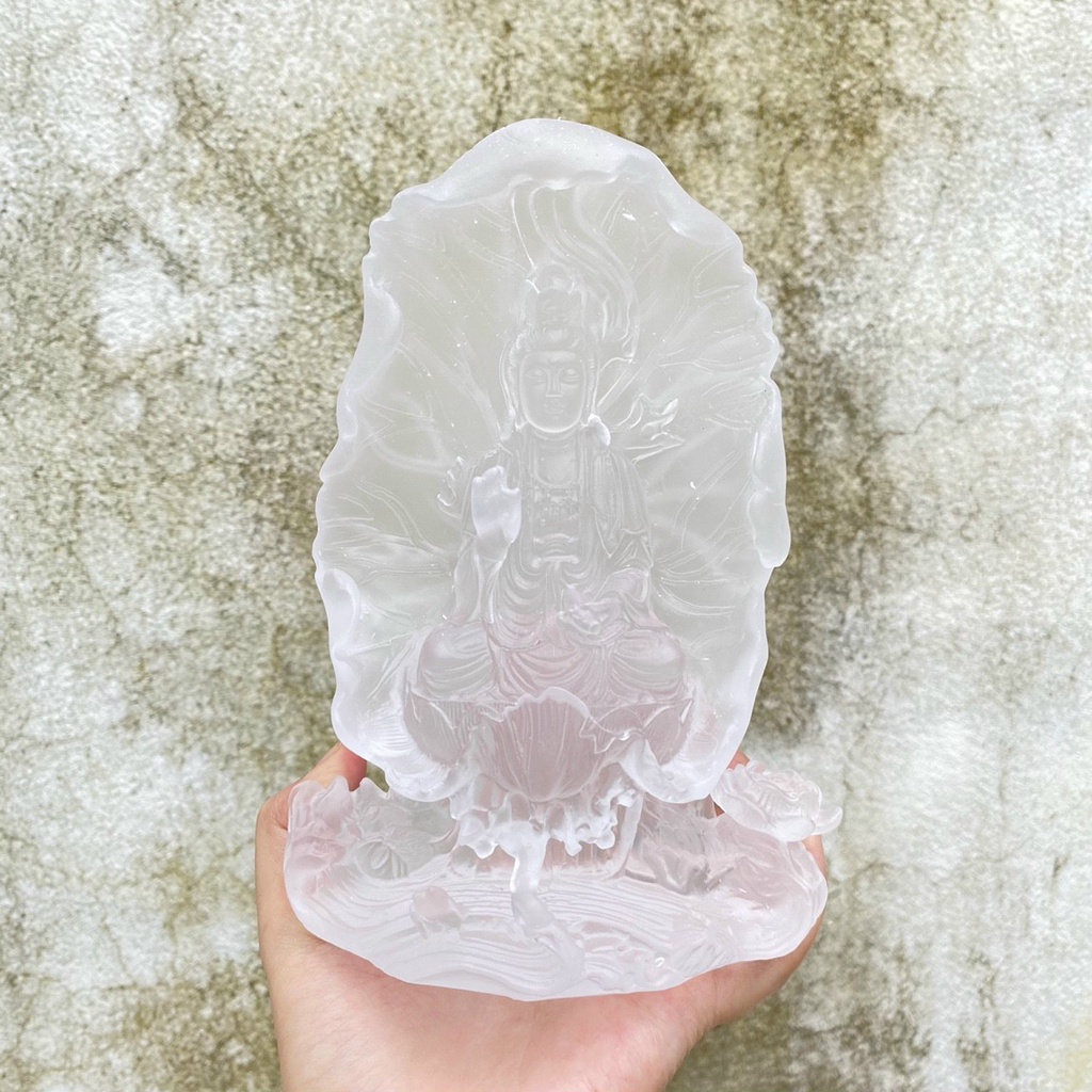Tượng Quan Âm Lá Sen Đá Lưu Ly Cao Cấp Cao 16cm - Trang Trí Ô Tô Siêu Đẹp