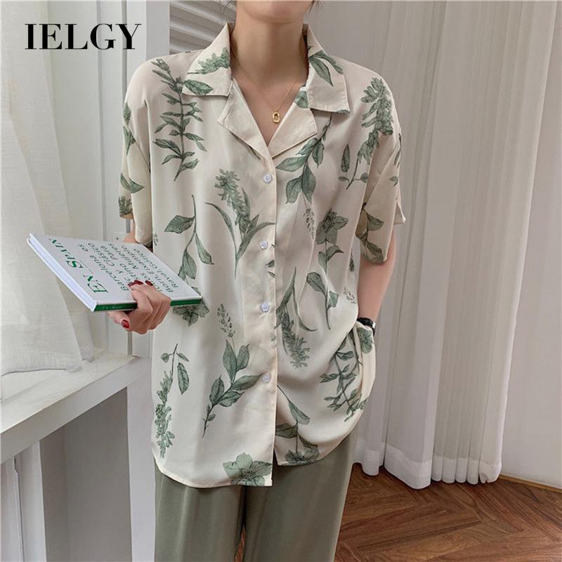 Áo sơ mi IELGY dáng rộng tay ngắn vải voan in họa tiết phong cách Hồng Kông dành cho nữ