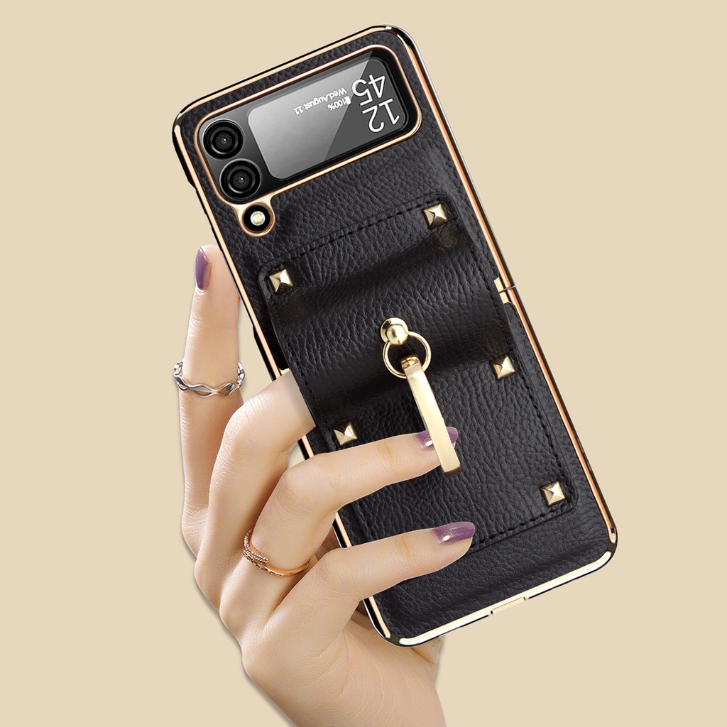 Ốp Điện Thoại Da Kèm Móc Xỏ Ngón Kim Loại Sang Trọng Cho Samsung Galaxy Z Flip 4 Samsung Z Flip 3 4