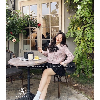 Set dạ text áo dạ hồng cổ sen chân váy đen siêu xinh