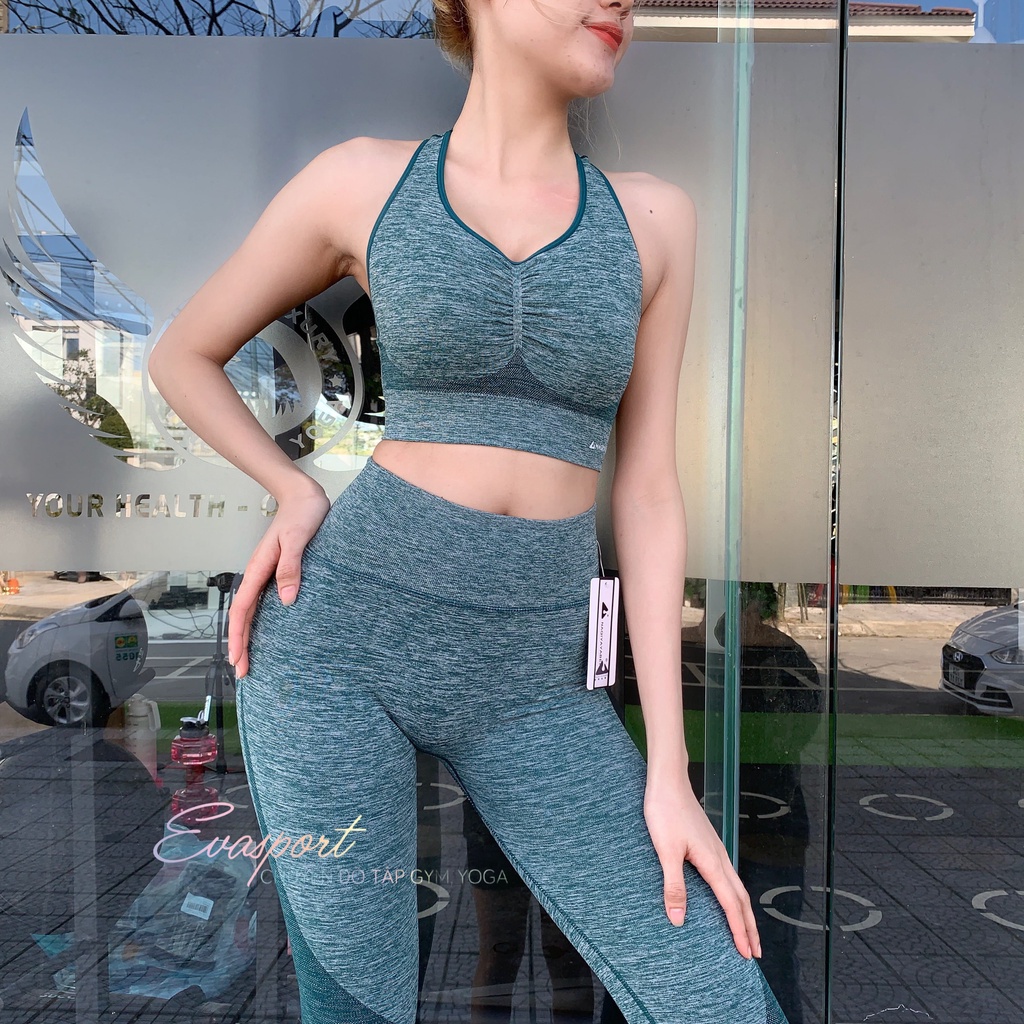 Set Đồ Tập Gym Yoga Aerobic Dệt Kim NAQIYABEI 2 Món Áo Bra Quần Legging Dài Chun Mông Sexy