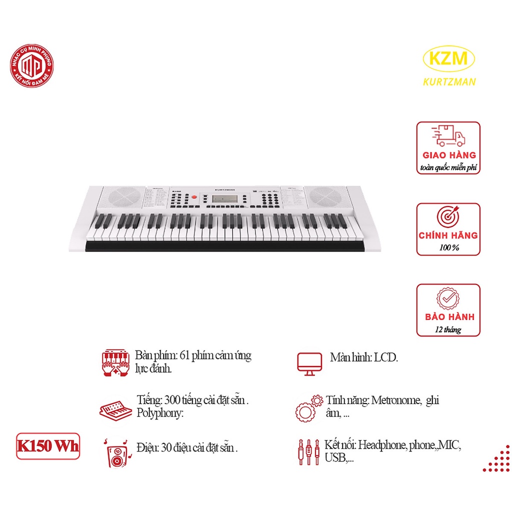 Đàn Organ Kzm Kurtzman K150 - Màu trắng - Hàng chính hãng (Đàn, Bao đàn, Chân đàn, Giá nhạc, Adapter, Sách HDSD)