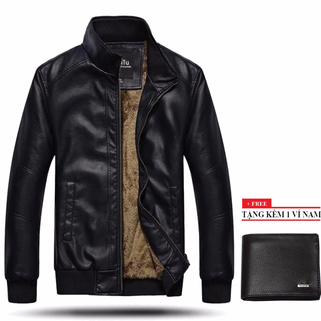 Áo khoác da nam lót lông ( Đen) + tặng 1 ví nam | BigBuy360 - bigbuy360.vn