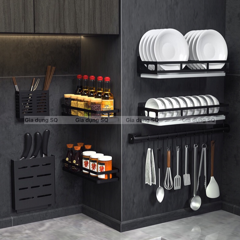 Bộ kệ nhà bếp dán tường inox Sơn tĩnh điện màu đen gồm kệ gia vị, kệ chén, giá để dao, kệ để thớt, móc treo muỗng | BigBuy360 - bigbuy360.vn