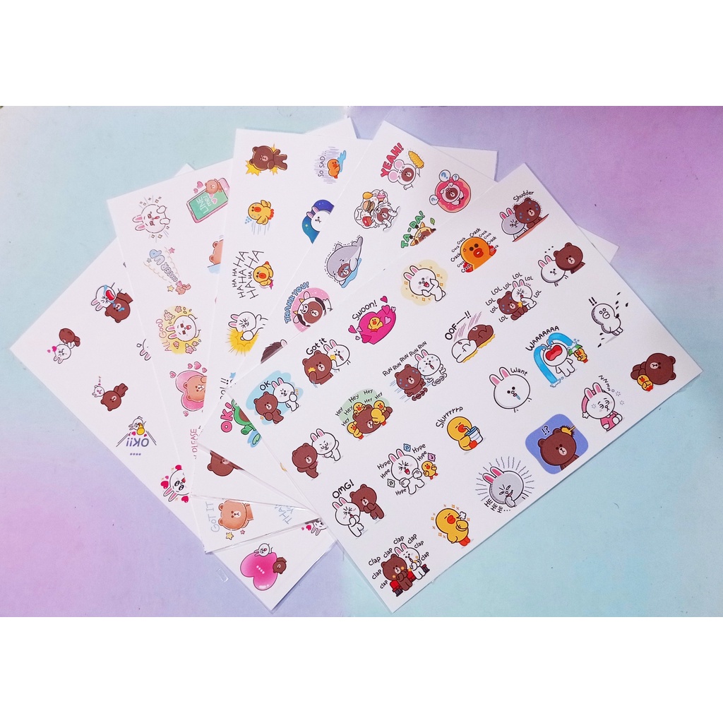 sticker gấu brown thỏ cony vịt sally A4 không bế S4A8 cute dễ thương