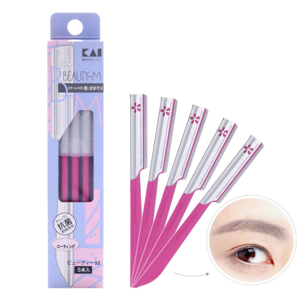 Dao cạo lông mặt lông mày thân kim loại Kai Beauty M BTM-5F1 cán hồng bộ 5 chiếc màu hồng