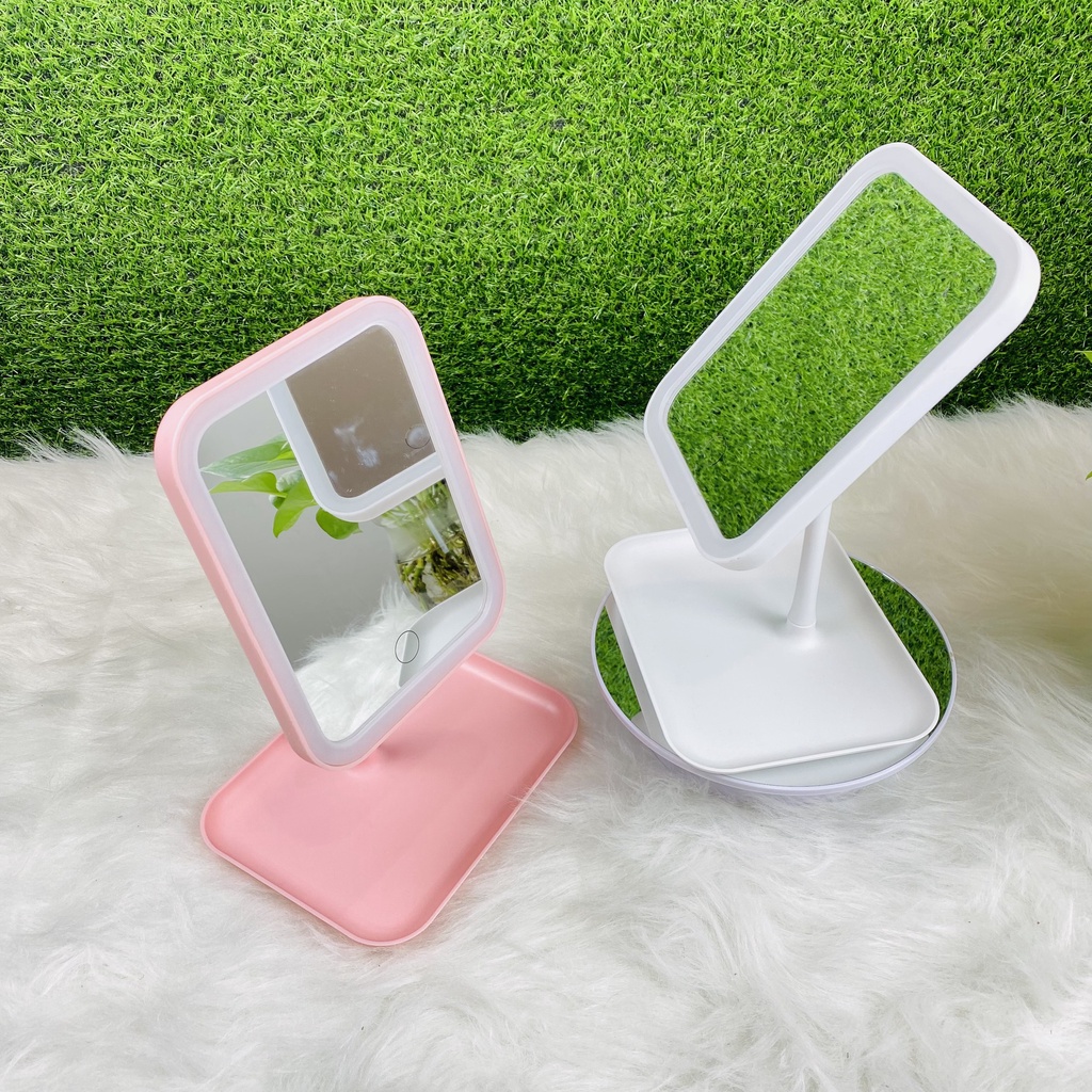Gương Trang Điểm Để Bàn Đèn Led Chữ Nhật Có Khay