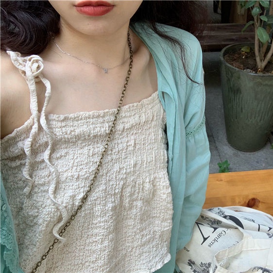 Áo hai dây Nữ Ngắn Mỏng Mùa Hè Gợi Cảm Kết Cấu Ẩn