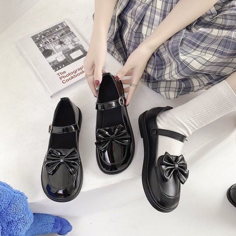 Giày nữ Lolita vintage gắn nơ muix vuông (Da bóng và da lì) | BigBuy360 - bigbuy360.vn