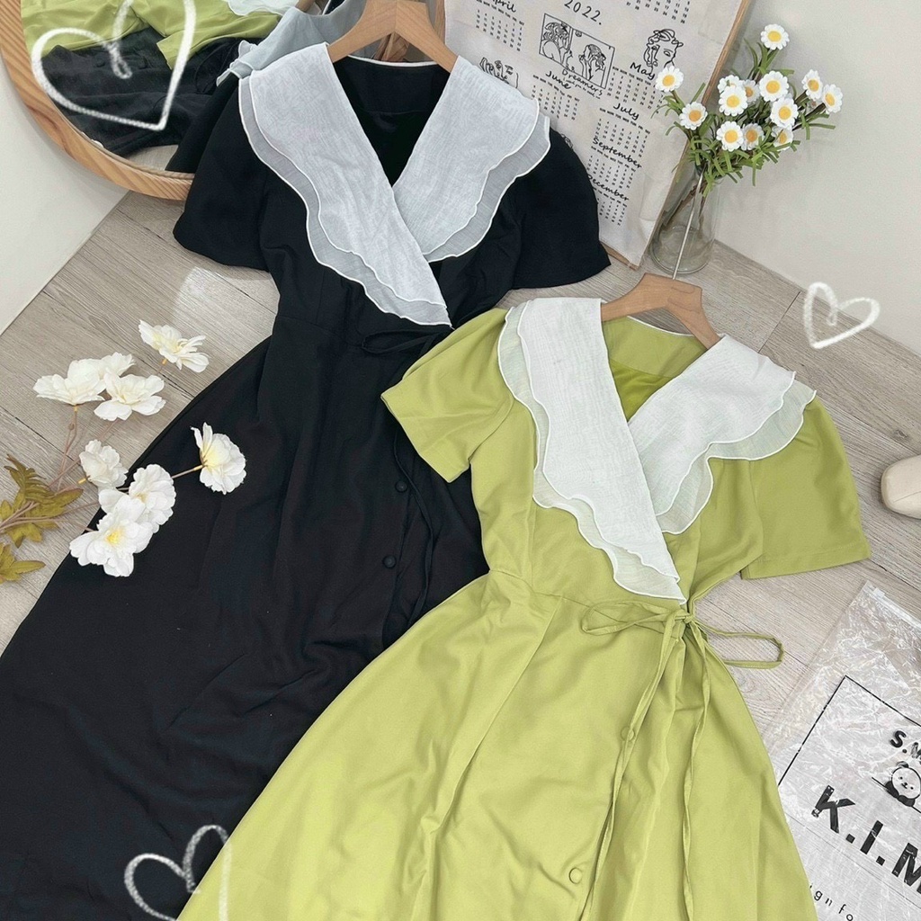 Đầm váy xòe nữ hàn quốc dự tiệc cưới,dạo phố,đầm thiết kế dáng dài cổ phối  bèo tằm ánh kim thời trang XM Minh Phúc
