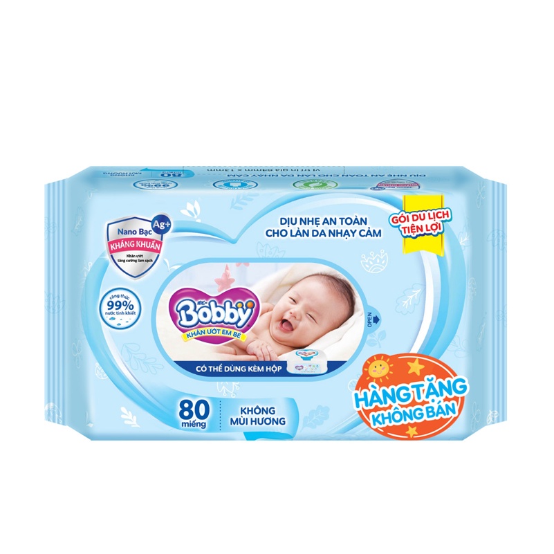 [MKB Gift] Khăn ướt Bobby không mùi 80 miếng (Xanh)