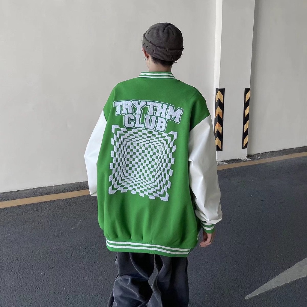 Áo bomber nam Thêu tay áo da /Áo khoác bóng chày dáng rộng thêu họa tiết phong cách retro thời trang năng động cho nữ