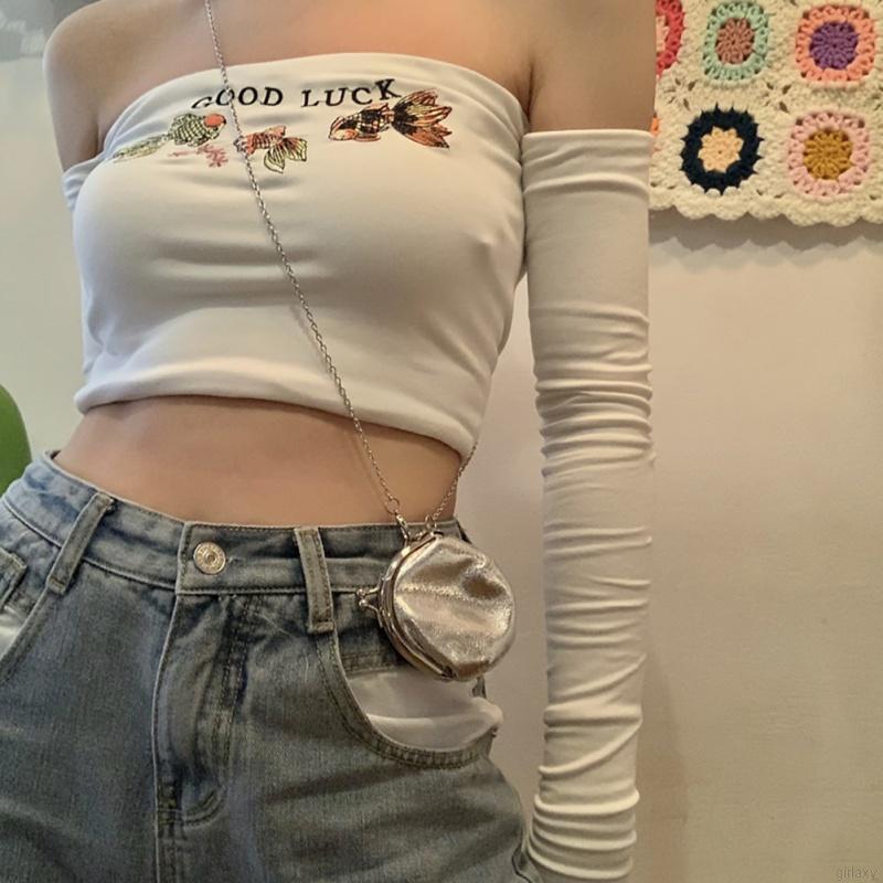 Áo Croptop Tay Dài Trễ Vai Hoạ Tiết Thêu Phong Cách Hàn Quốc