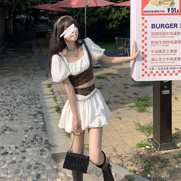 Bộ Đầm Công Chúa Cổ Vuông Màu Trắng Socola Phong Cách Retro Pháp