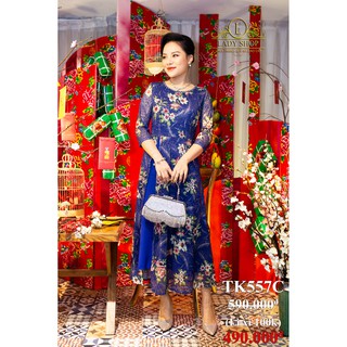 Váy đầm trung niên Ladyshop thời trang cao cấp xẻ tà cổ đính đá TK557